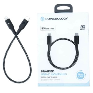 کابل شارژ پاورولوژی مدل PCAB006BK طول ۳۰ سانتی متر تایپ سی به لایتنینگ