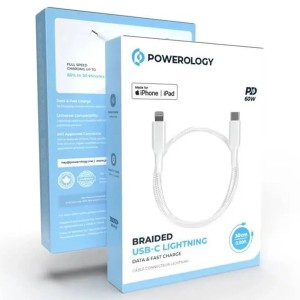 کابل شارژ پاورولوژی مدل PCAB006BK طول ۳۰ سانتی متر تایپ سی به لایتنینگ