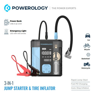 جامپ استارتر و پمپ باد و پاوربانک پاورولوژی مدل 3in1 PPBCHA96 ظرفیت 12000 میلی‌آمپر