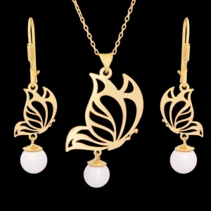 نیم ست طلا 18 عیار زنانه طلای مستجابی مدل پروانه مرواریدی کد 67154