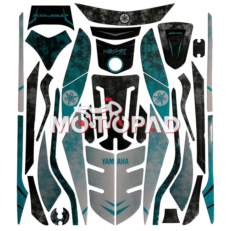 پد کامل بدنه ژله ای موتورسیکلت Aerox 155 مدل فیروزه  ای - نقره ای