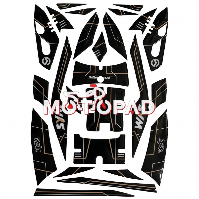 پد کامل بدنه ژله ای موتور سیکلت Sym joymax250 مدل مشکی سفید طلایی خطی