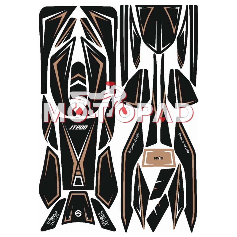 پد کامل بدنه ژله ای موتور سیکلت sym jt200  مدل مشکی طلایی خط سفید