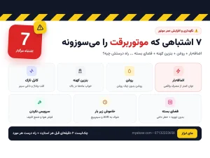 7 اشتباهی که موتوربرقت را می‌سوزونه
بیشتر موتوربرق‌هایی که برای تعمیر می‌آورند نسوخته‌اند، سوزانده شده‌اند. یعنی خود صاحب دستگاه با یک عادت اشتباه عمرش را نصف کرده. خبر خوب این است که هر 7 مورد این لیست با 2 دقیقه دقت قابل پیشگیری است. اگر یکی از...