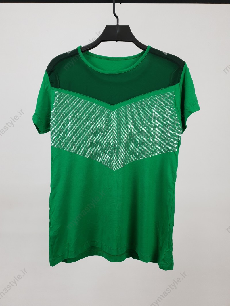تیشرت زنانه نگینی سبز یقه تور