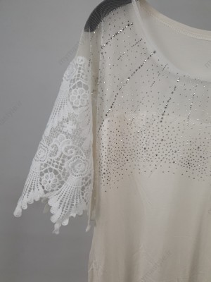 تیشرت سفید نگینی آستین گیپور