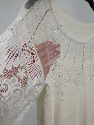 تیشرت سفید نگینی آستین گیپور