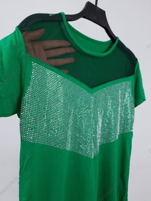 تیشرت زنانه نگینی سبز یقه تور