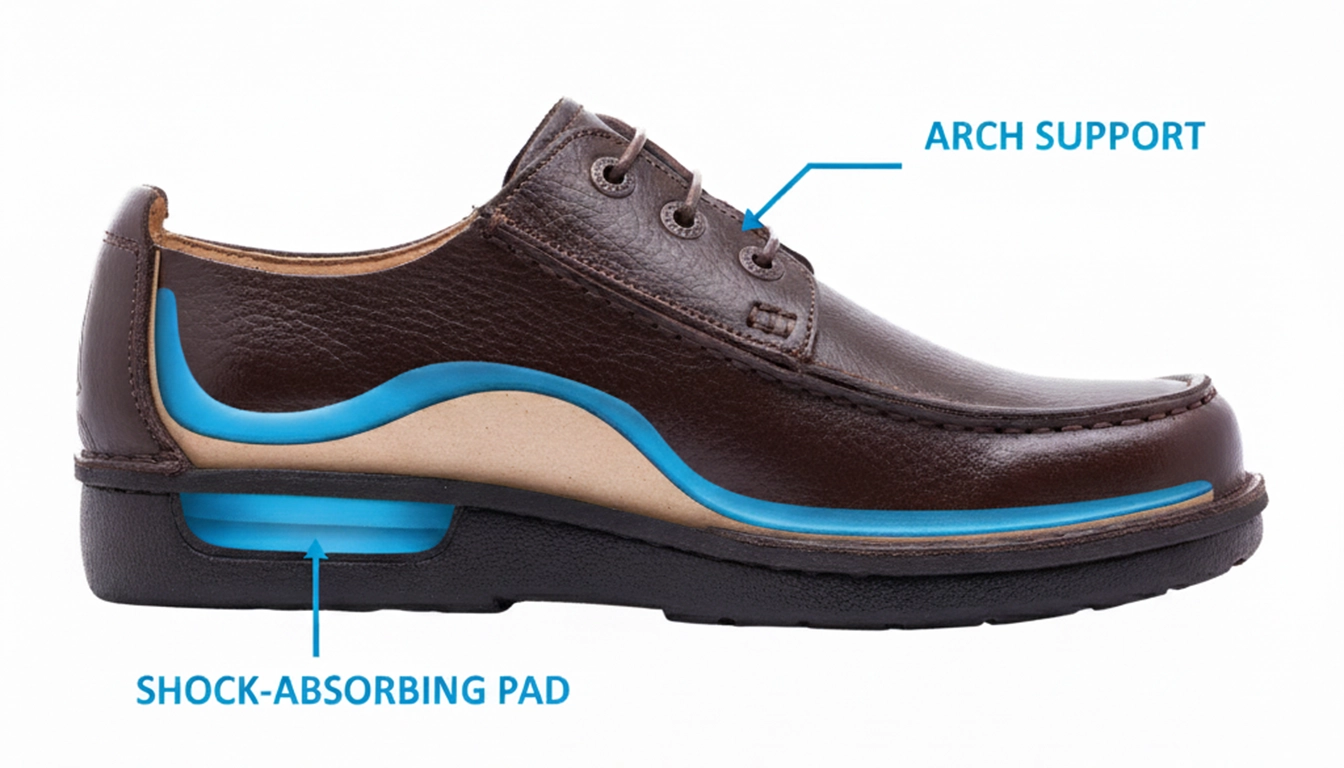 دیاگرام کفی کفش طبی مردانه نادر با نمایش حمایت از قوس پا و پد جذب شوک پاشنه