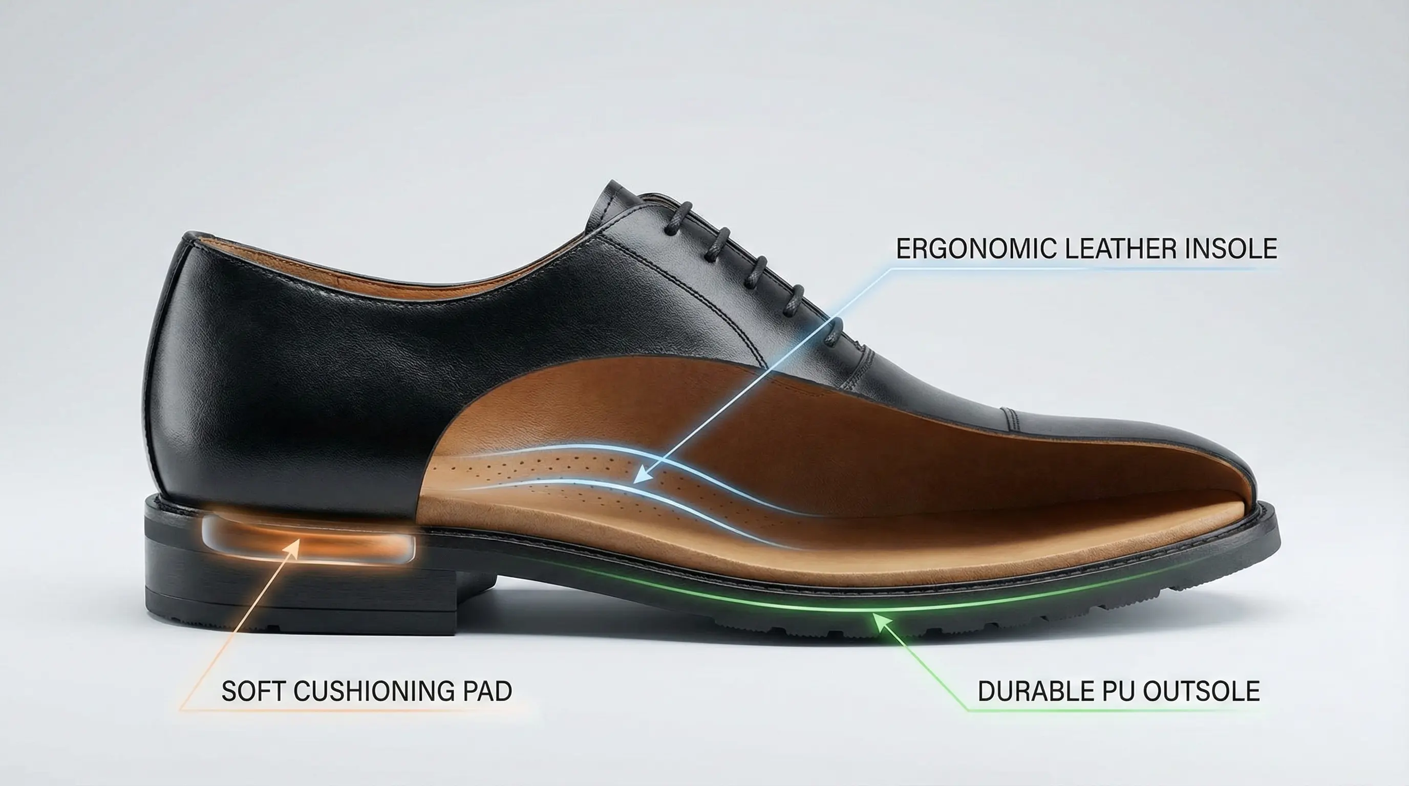 ساختار کفی طبی و زیره پی یو (PU) در کفش رسمی مردانه نادر برای کاهش کمردرد