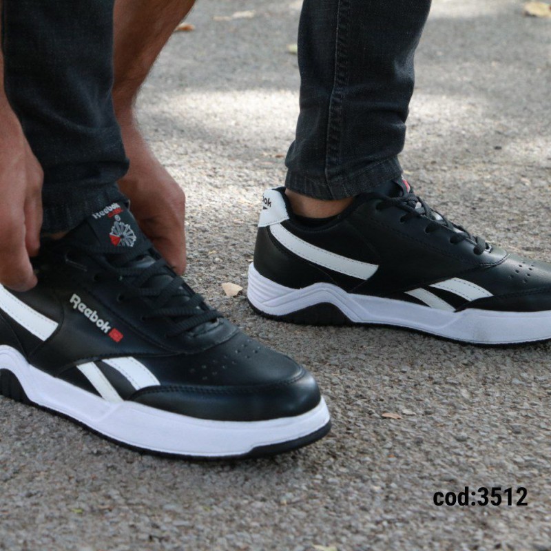 فروش ویژه کفش اسپرت مردانه مدل ریبوک رویه چرم  راحت و مقاوم رنگ مشکی  خط سفید کد 3512