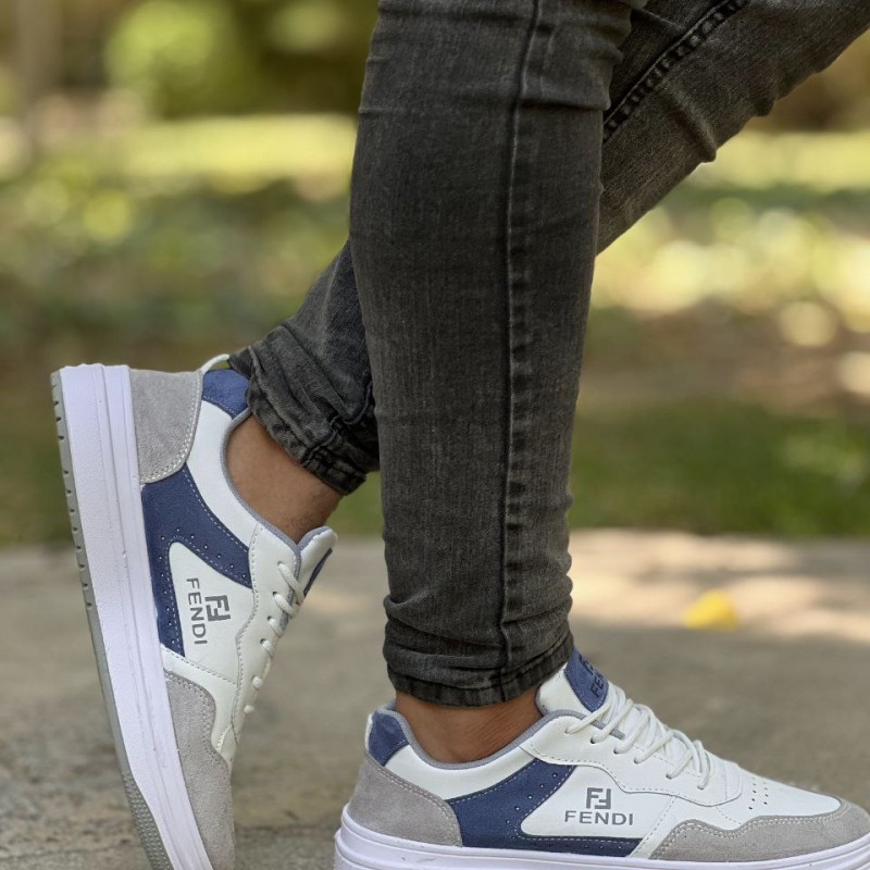 فروش ویژه کفش اسپرت ست زنانه و مردانه مدل فندی زیبا و بادوام رنگ سفید ابی طوسی