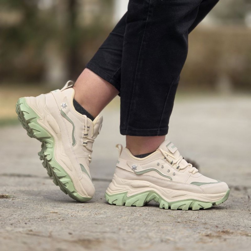 فروش فوق العاده کفش اسپرت دخترانه مدل فشیون نگینی  شیک و جذاب رنگ کرم سبز باارسال رایگان