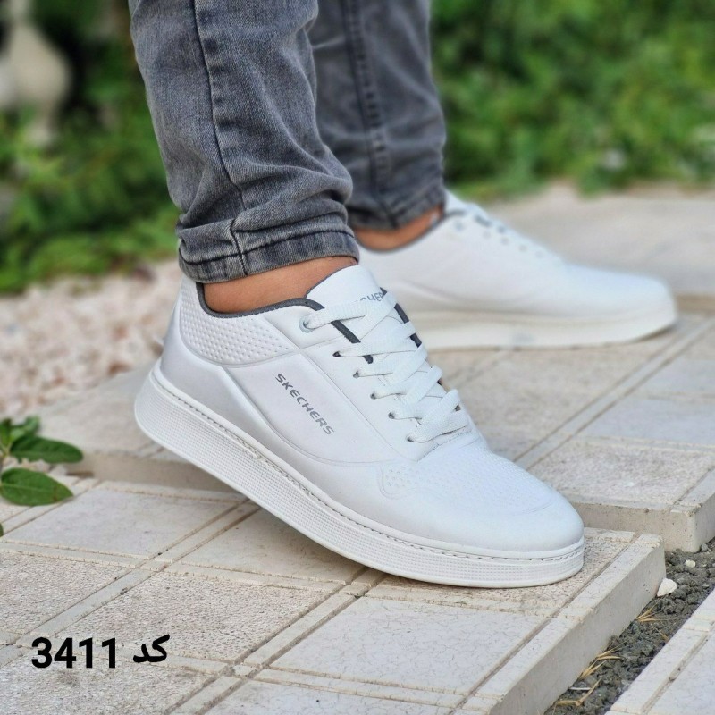 کفش اسپرت ونس  مردانه پسرانه مدل اسکیچرز رویه چرم دور دوخت رنگ سفید  کد 3411