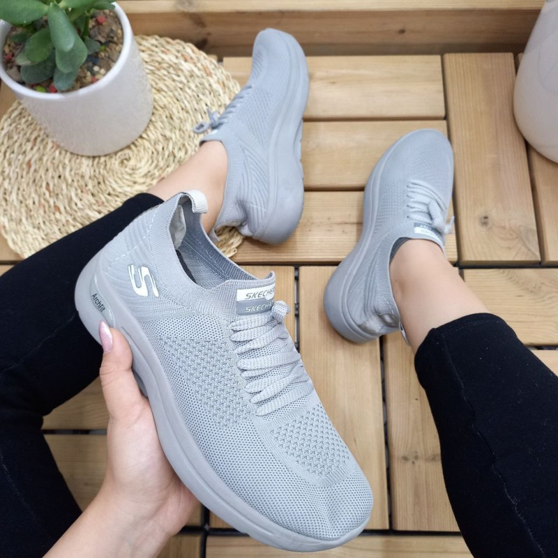 کفش اسپرت زنانه و دخترانه  جورابی مدل اسکیچرز پیاده روی رنگ طوسی تمام