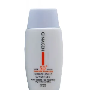 کرم ضد آفتاب ژیناژن بدون رنگ مناسب پوست خشک و نرمال SPF50 50 میلی لیتر | Ginagen Fusion Liquid Sunscreen SPF50 Dry to Normal Skin Invisible 50ml