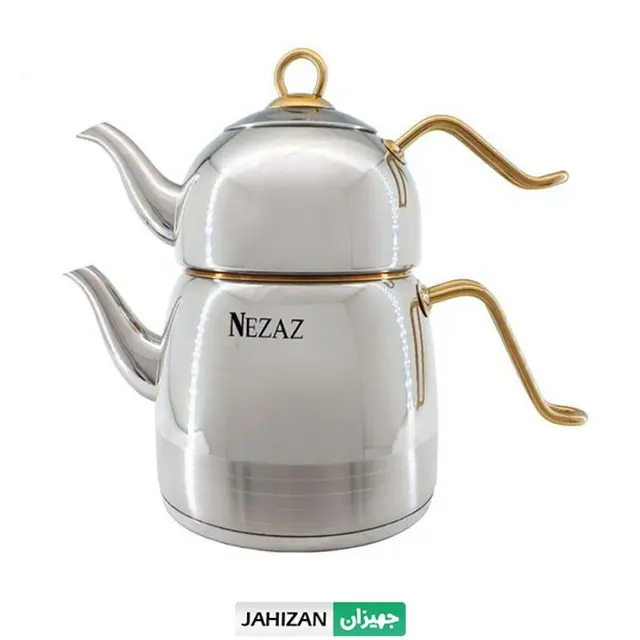 کتری و قوری 3 لیترهرمی لوله داردسته استیل طلایی (NEZAZ) کد 2499