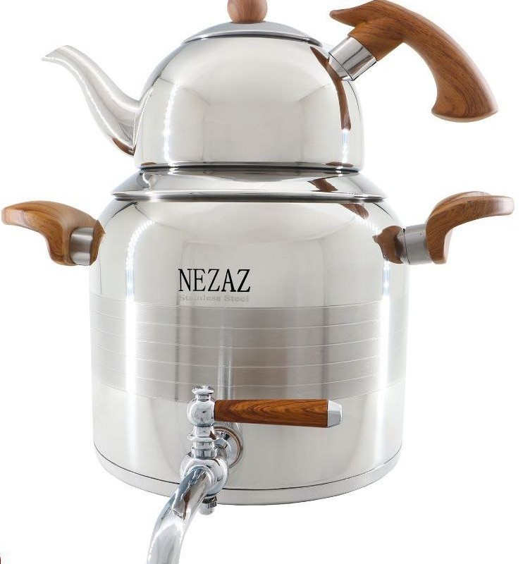 کتری و قوری  4/5 لیتر ترک ورق یک میل دسته چوب (NEZAZ) کد 3016