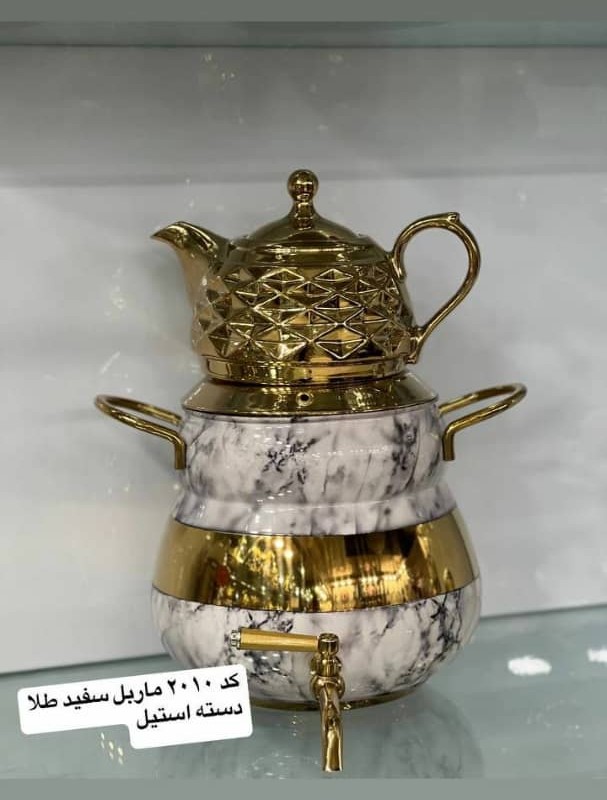 کتری و قوری FR کد 2010 ماربل سفید طلایی دسته استیل