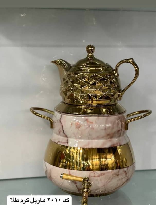 کتری و قوری FR کد 2010 ماربل کرم طلایی دسته استیل