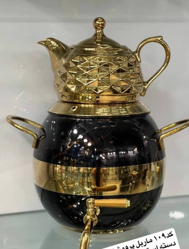 کتری و قوری FR کد 109 ماربل پرو مشکی طلایی دسته استیل