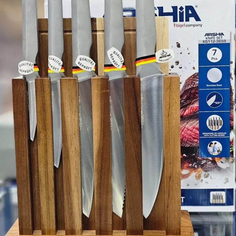 ست چاقوی ۷ تکه ارشیا مدل KS112-3659 با پایه و تخته برش اقاقیا