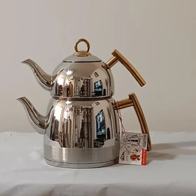 کتری و قوری 3 لیترقوری استیل تما م استیل دسته طلایی (NEZAZ) کد 2414