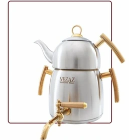 کتری وقوری هرمی 3 لیتردسته استیل طلایی قوری استیل (NEZAZ) کد 2705