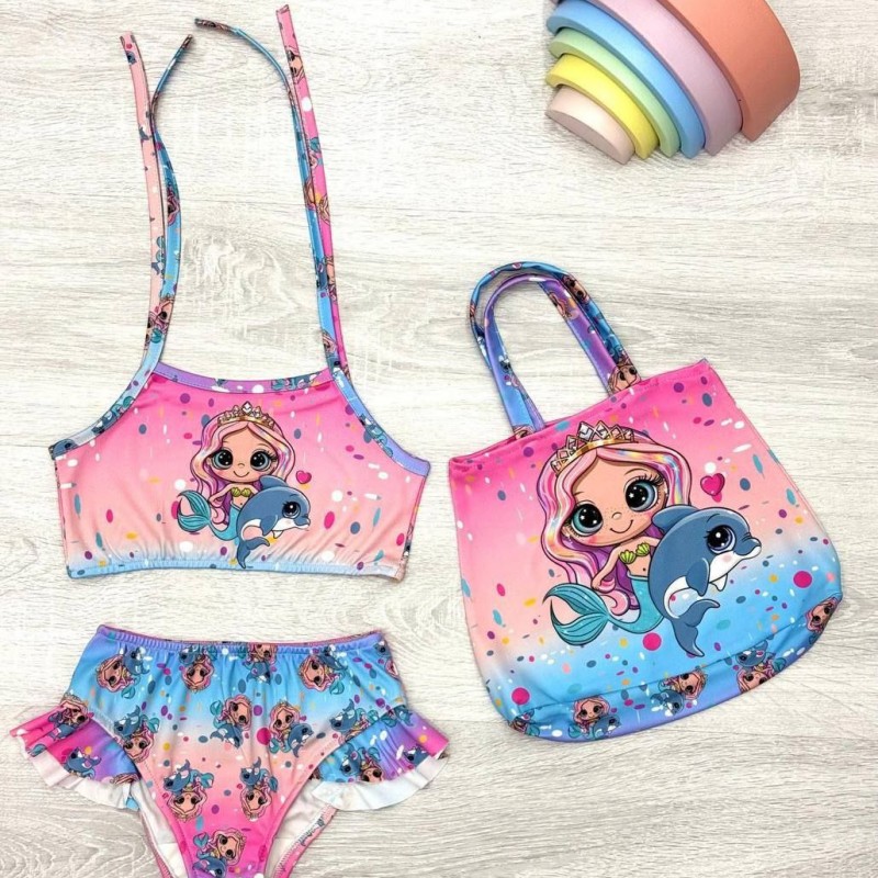 ست ۲ تیکه مایو طرح پری به همراه کیف