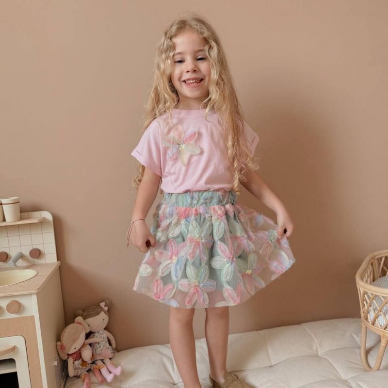 ست کراپ و دامن گل برجسته رنگ صورتی