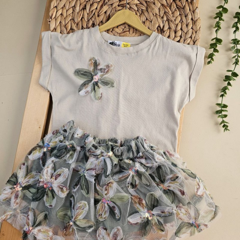 ست کراپ و دامن گل برجسته رنگ کرم