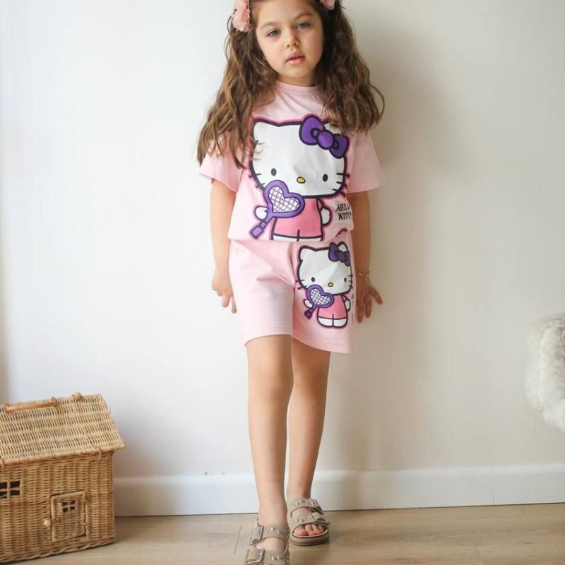 تیشرت شلوارک کیتی صورتی طرح تنیس