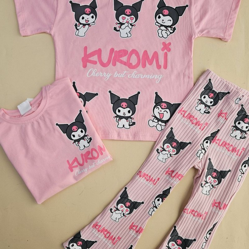 ست تیشرت و شلوار کبریتی دمپا طرح کرومی رنگ صورتی