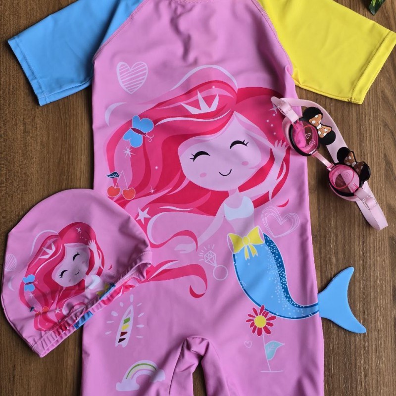 مایو پادار کلاه دار پری دریایی رنگ صورتی