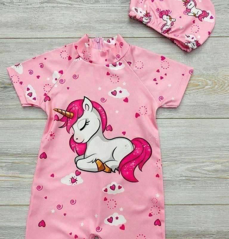 مایو پادار کلاه دار طرح یونیکورن صورتی