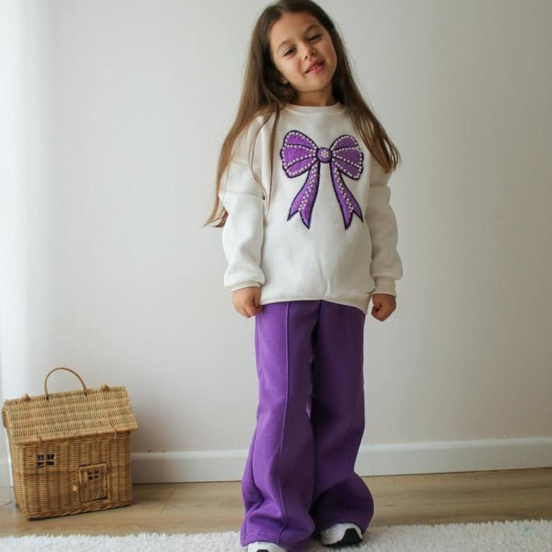 ست دو تیکه کرک دار شلوار بگ  پاپیون بنفش - ترک