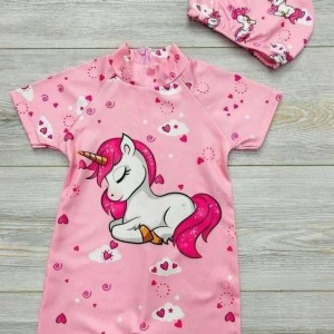 مایو پادار کلاه دار طرح یونیکورن صورتی