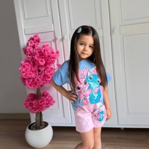 ست تیشرت شلوارک استیچ شلوارک آبی صورتی