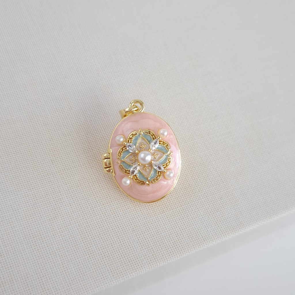 لاکت بیضی مروارید ریز میناکاری صورتی*