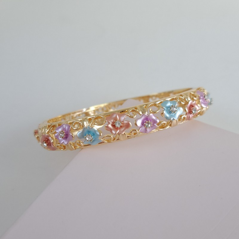 دستبند بنگل فلاور سه گل آبی_صورتی_بنفش