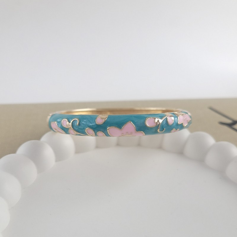 دستبند بنگل میناکاری آبی صدفی گل صورتی *