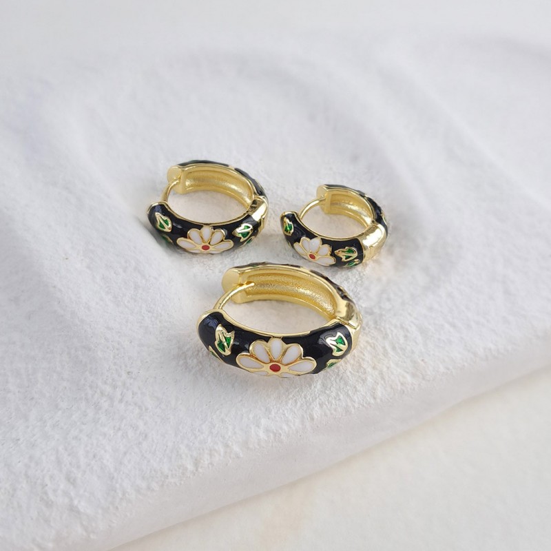 گوشواره پک سه تایی میناکاری مشکی گل سفید*