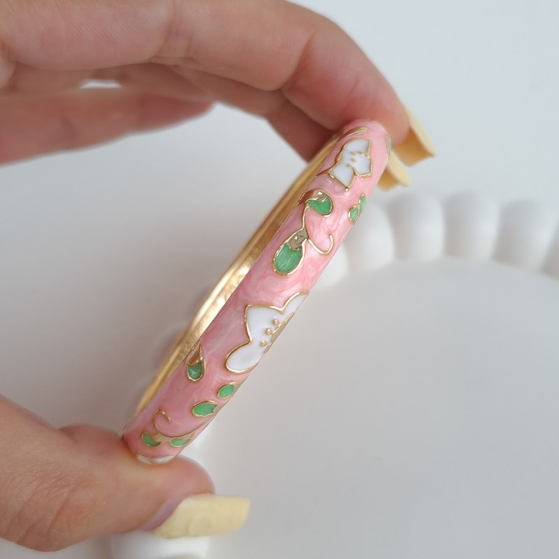 دستبند بنگل میناکاری صورتی پررنگ گل نیلوفر *