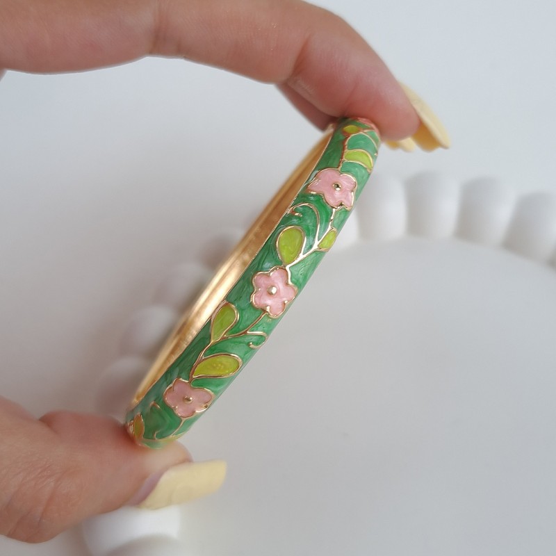 دستبند بنگل میناکاری سبز گل صورتی*