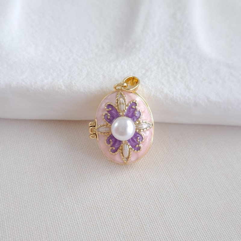 لاکت بیضی طرح گل بنفش و مروارید