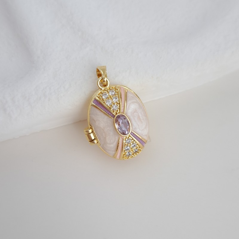 گردنبند لاکت بیضی نگین‌دار میناکاری سفید صدفی*