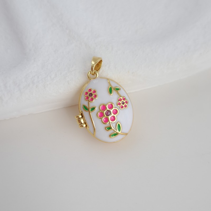 گردنبند لاکت بیضی شاخه گل میناکاری سفید*