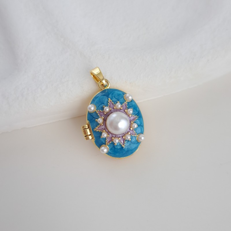 لاکت بیضی مروارید میناکاری بنفش و  آبی