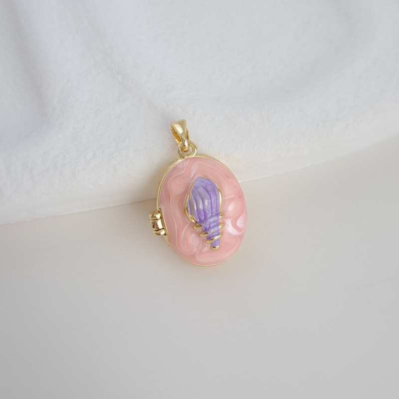 گردنبند لاکت بیضی صدف بنفش میناکاری صورتی*