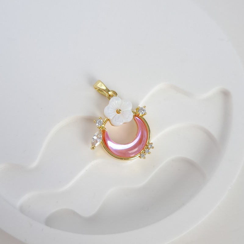 آویز بدون زنجیر ماه صورتی و گل صدفی